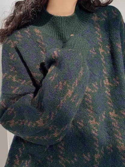 Green Knit Sweater With Plaid Pattern