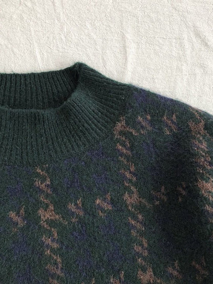Green Knit Sweater With Plaid Pattern