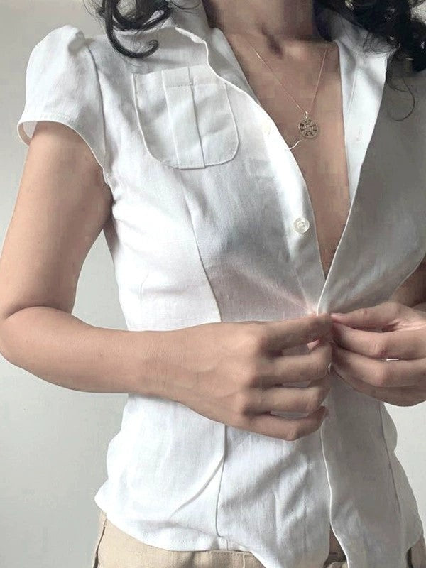 White Button Front Pocket Blouse
