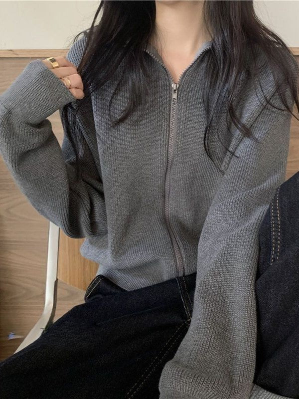 Color Lapel Zip Long Sleeve Sweater