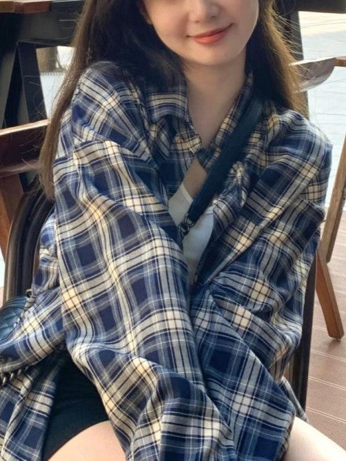 Oversized Plaid Button Long Sleeve Blouse