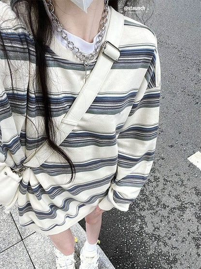 White Oversized Stripe Long Sleeve Sweatshirt