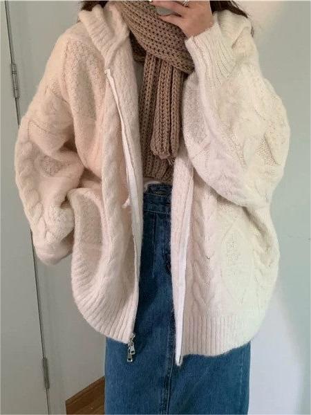 Classic Oversized White Cardigan With Hood and Zip