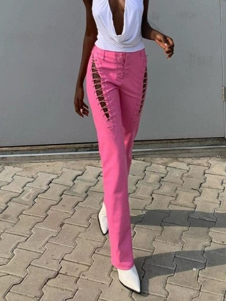 Cutout Detail Pu Leather Pants