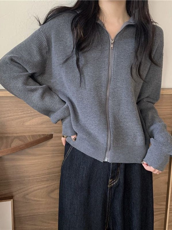 Color Lapel Zip Long Sleeve Sweater