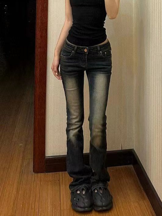 Dark Washed Effect Low Rise Flared Pants