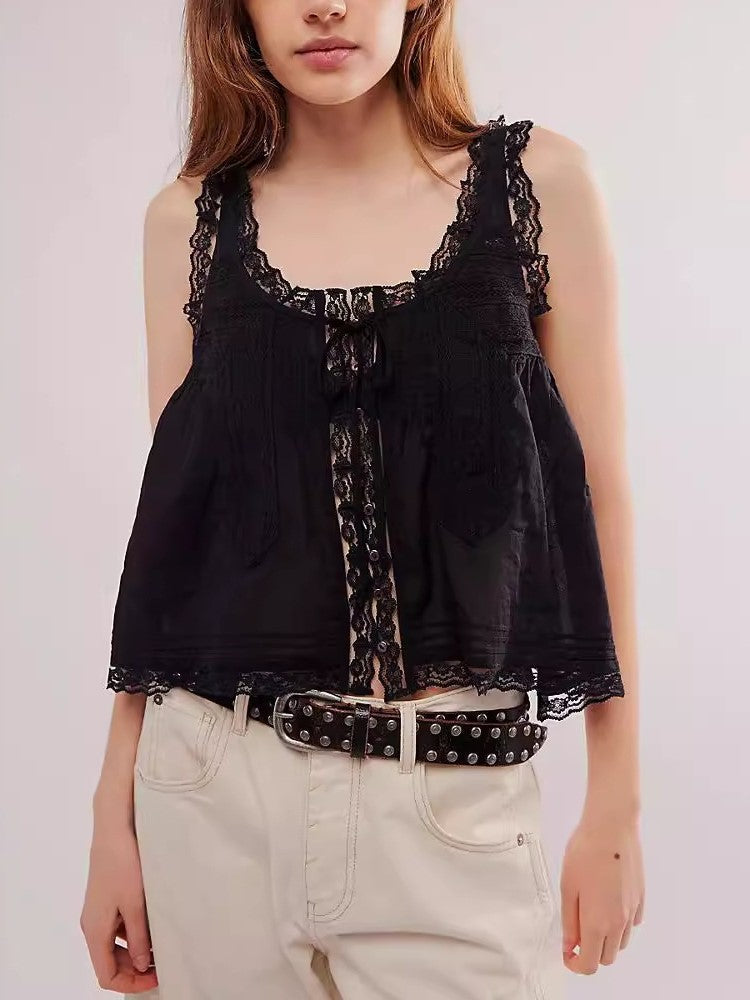 Color Hollow Out Ruffle Cardigan Tank Top