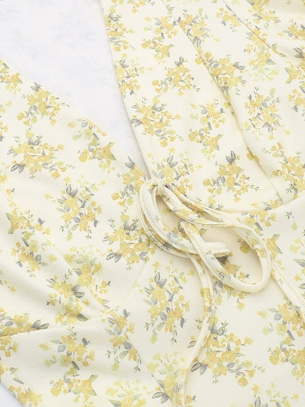Yellow French Deep V Bubble Short Sleeve Mini Dress