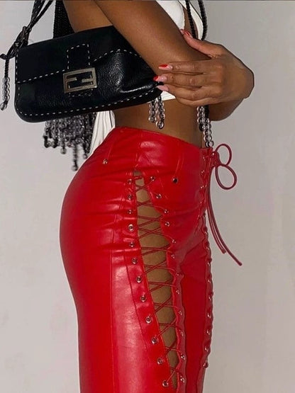 Cutout Detail Pu Leather Pants