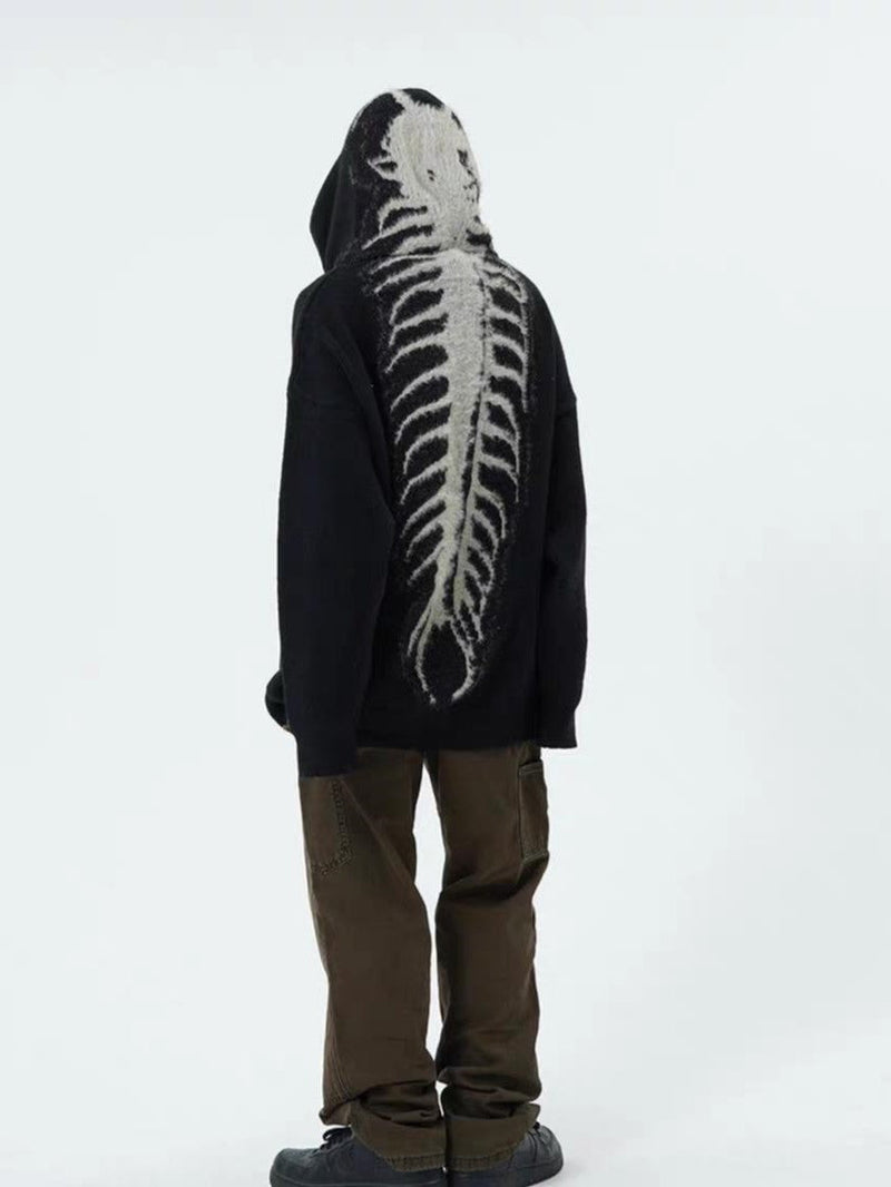 Black Punk Hooded Sweater With Skull Jacquard Pattern