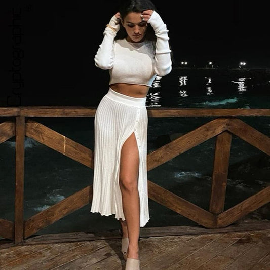 Dressbetty - Sweater Cropped Top Midi Skirt Two Piece Set Matching Set Outfits Button Up Split Skirts Winter