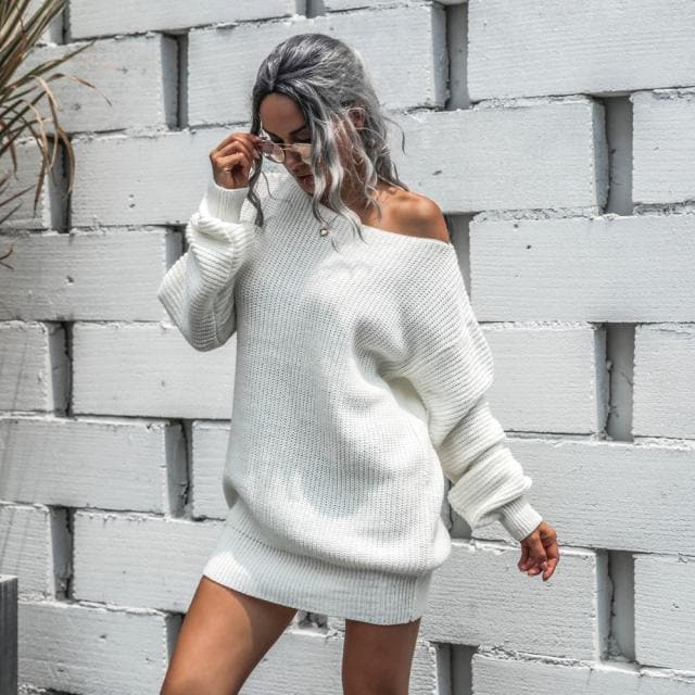 Dressbetty - Off-shoulder Lantern Sleeve Knitted Sweater Dress