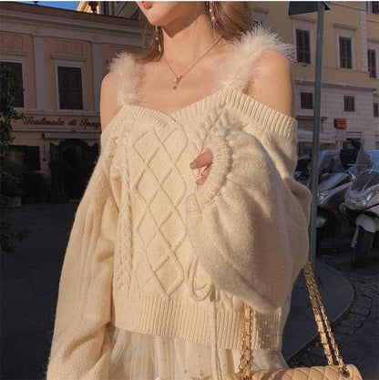 Dressbetty - Off-the-shoulder Sweater Autumn Winter Soft Lace Puff Sleeve Knitted Sweater Woman Italy Pull Crop Top