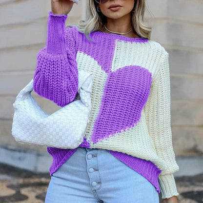O Neck Love Print Patchwork Knitted Sweater