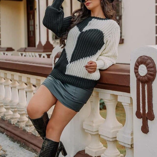 O Neck Love Print Patchwork Knitted Sweater
