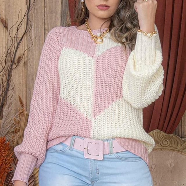 O Neck Love Print Patchwork Knitted Sweater
