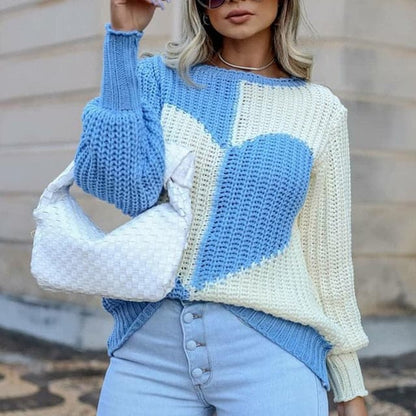 O Neck Love Print Patchwork Knitted Sweater