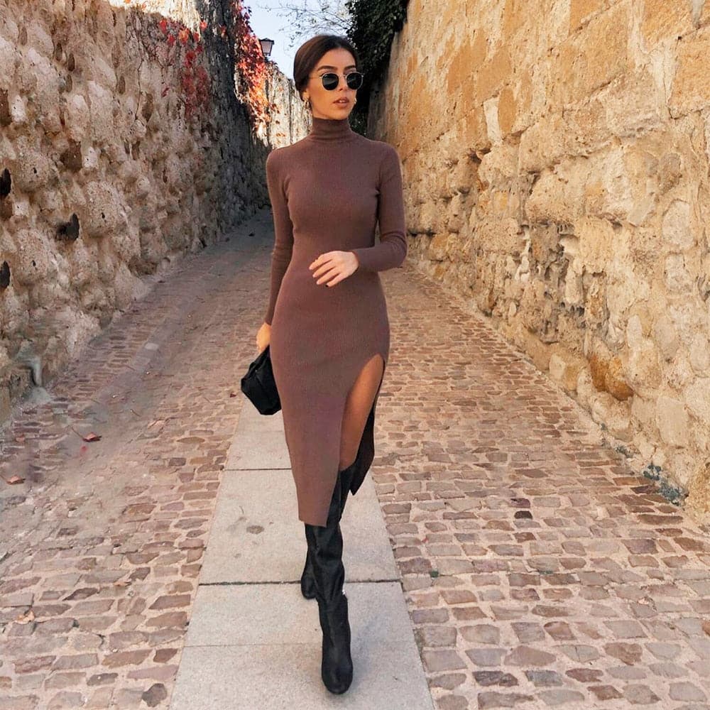 Dressbetty - Long Sleeves High-neck Elastic Midi Dress