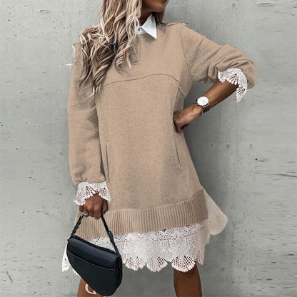 Dressbetty - Dress Spring Autumn Ruffle Patchwork Lady Mini Dress Long Sleeve Shirt Dresses Turn Down Collar Dresses