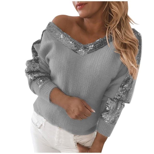 Dressbetty - Off Shoulder V Neck Sequin Stitching Print Temperament Pullover Long Sleeve Sweater Pullovers Winter Clothes