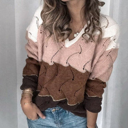 Dressbetty - Color Block Stripe V-neck Sweater Long Sleeve Knit Pullover Fallwinter Sweatshirt Top Sweater Tops