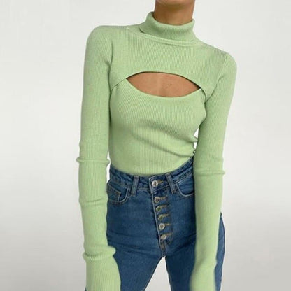 Dressbetty - Long Sleeve Slim Turtleneck Pullovers Autumn New Hollow Out Sweater Ofiice Lady Clothes