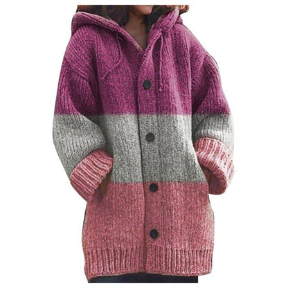 Dressbetty - Winter Striped Stitching Cardigan Korean Version Loose Hooded Cardigan Sweet Long Sleeve Warm Coat Gilet Femme Clothes