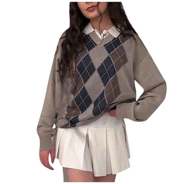 Dressbetty - Preppy Diamond Plaid Printed Knitted Sweater