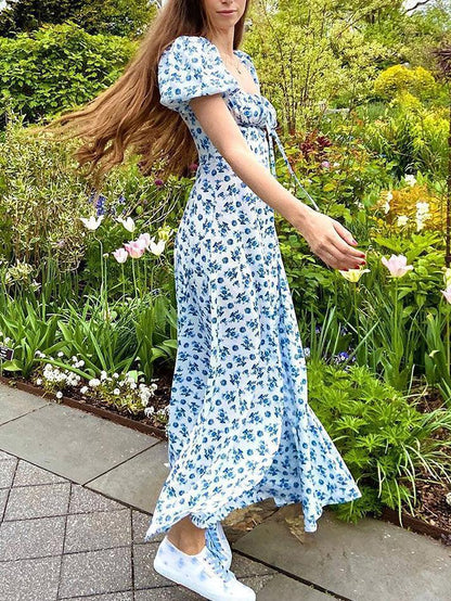 Blue Puff Sleeve Maxi Dress