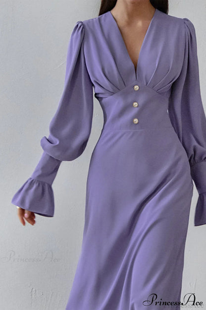 Puff Sleeve V Neck Slim Maxi Dress