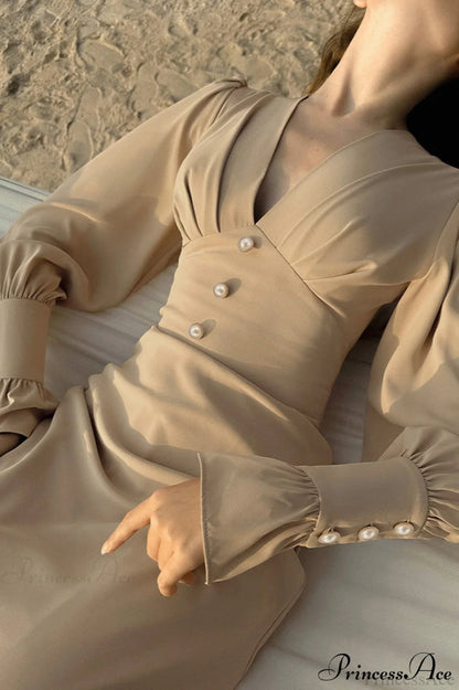 Puff Sleeve V Neck Slim Maxi Dress