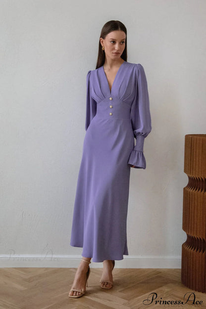 Puff Sleeve V Neck Slim Maxi Dress