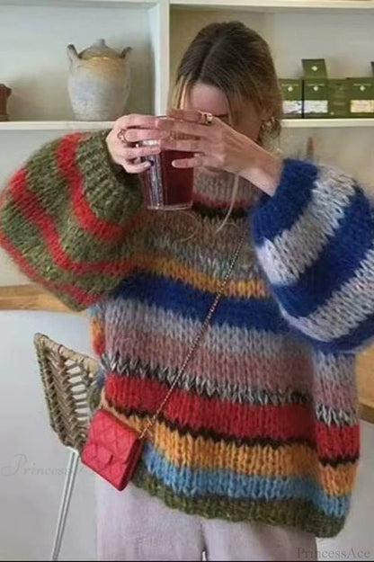 Rainbow Stripe Versatile Crewneck Long Sleeve Knit Sweater