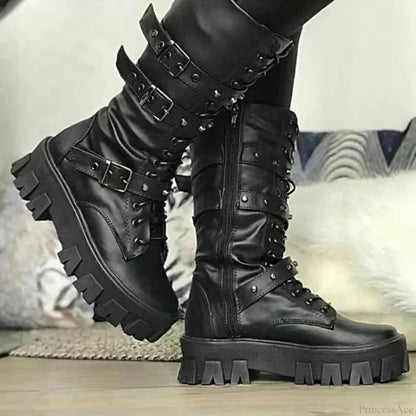 Rebellious Fastener Motorbike Mid-calf Dark Boot