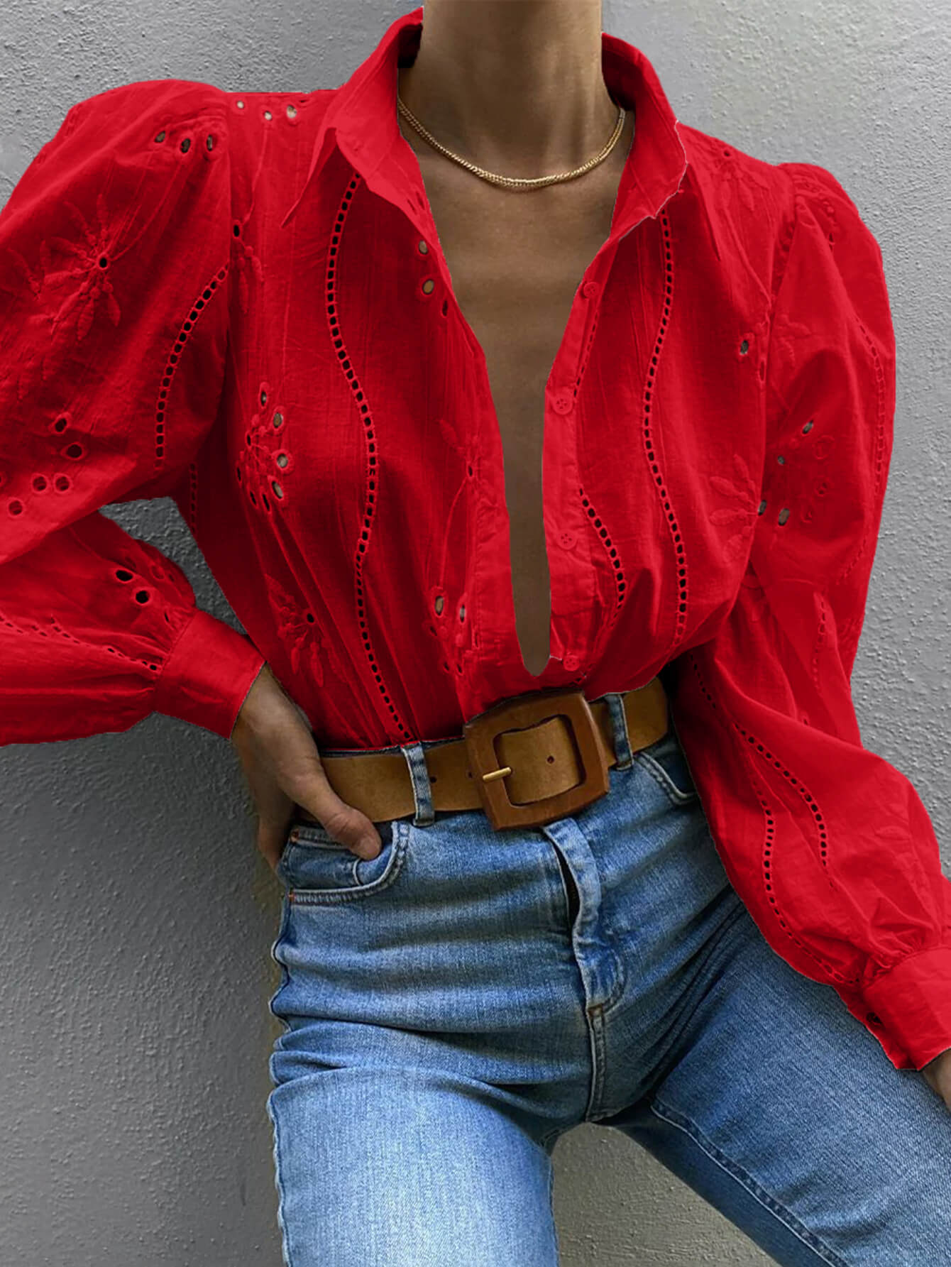 Miley Perforated Long Sleeve Blouse - Red