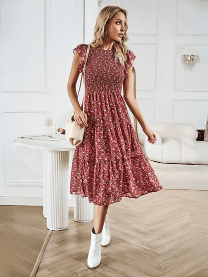 Always Falling Tiered Midi Dress - Red