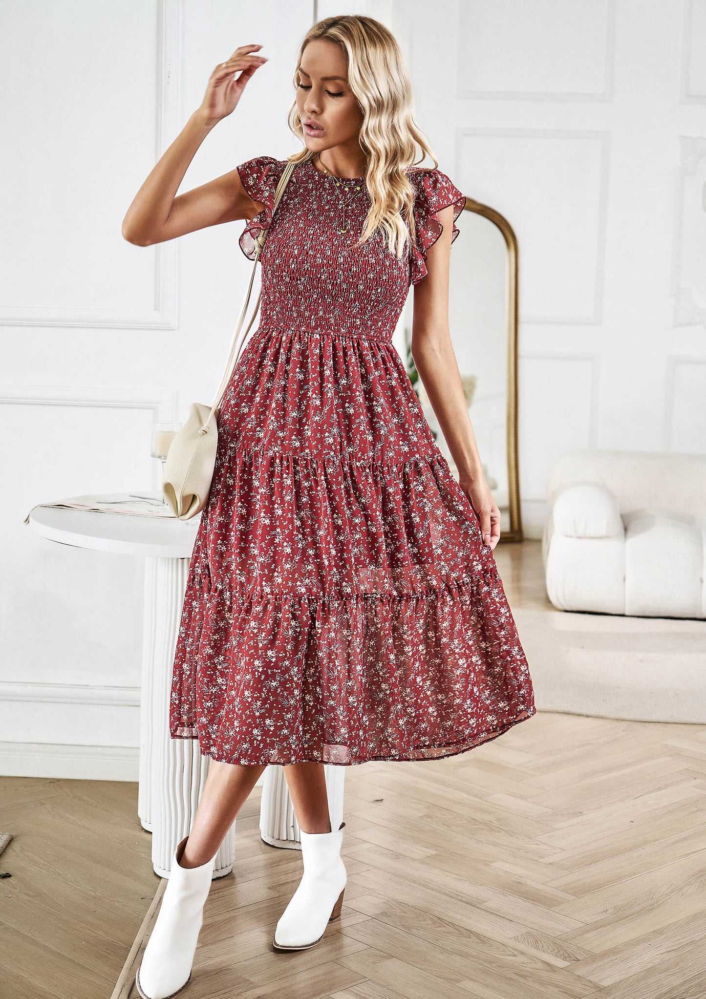 Always Falling Tiered Midi Dress - Red