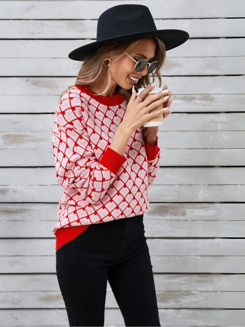 Lots to Love Check Heart Sweater - Red
