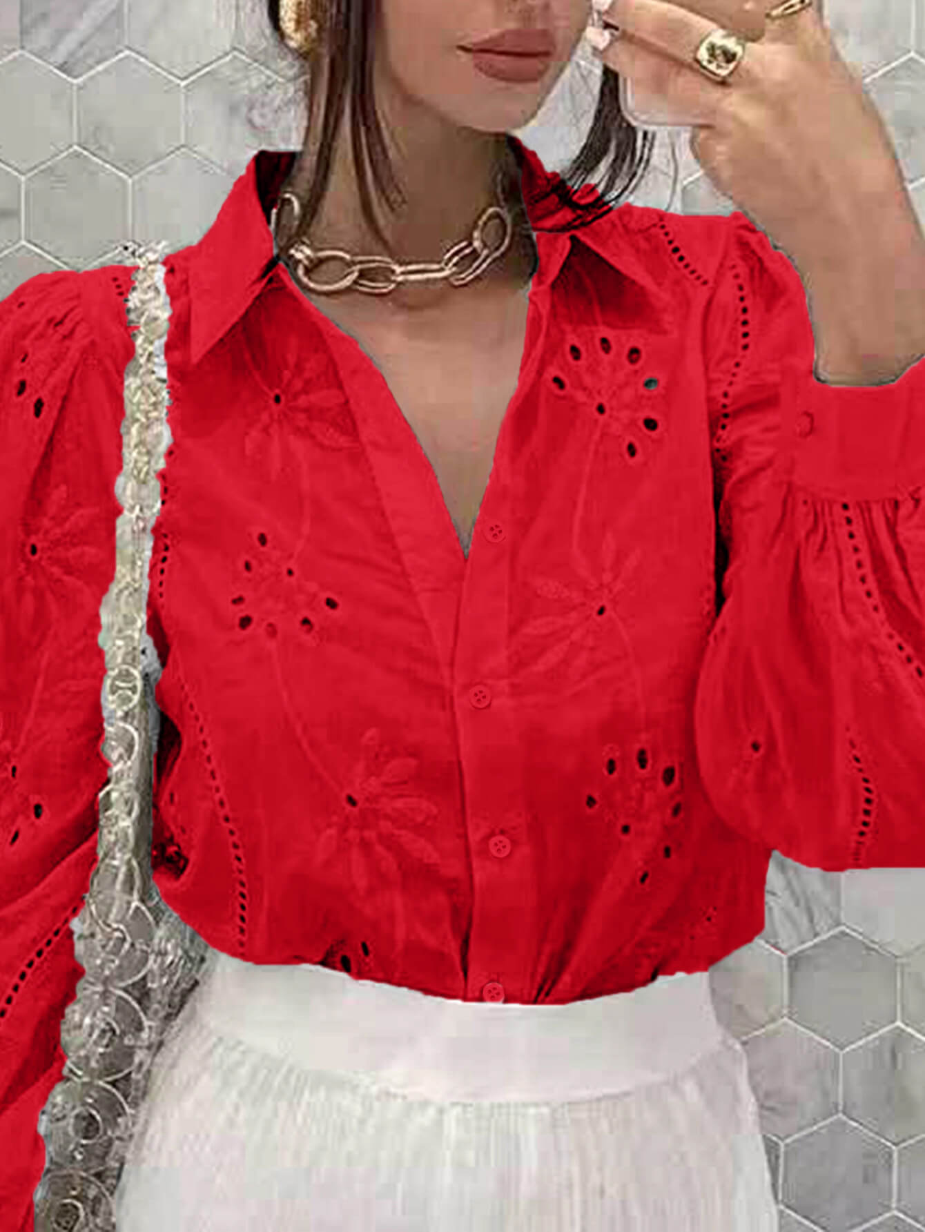 Miley Perforated Long Sleeve Blouse - Red