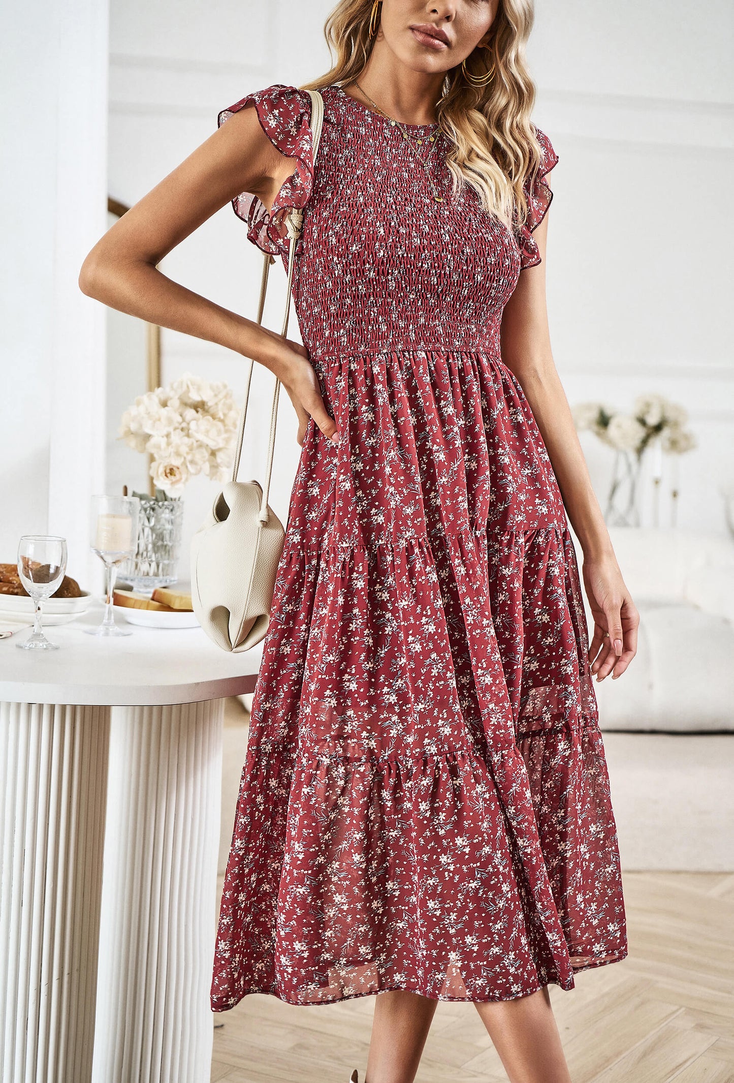 Always Falling Tiered Midi Dress - Red