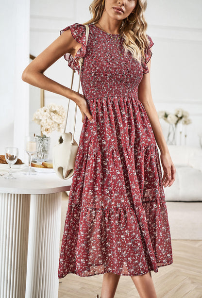 Always Falling Tiered Midi Dress - Red