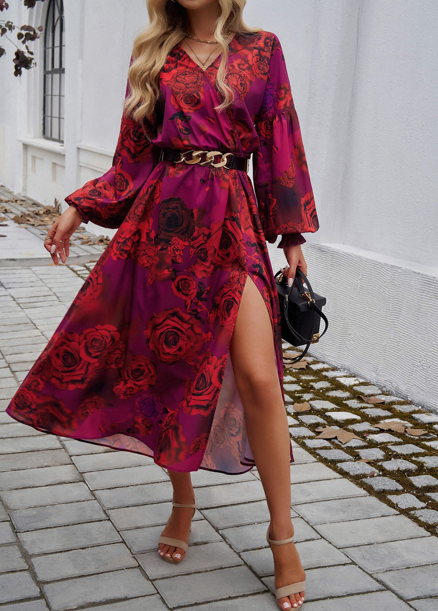 Lisette V-neck Print Tiered Maxi Dress - Red