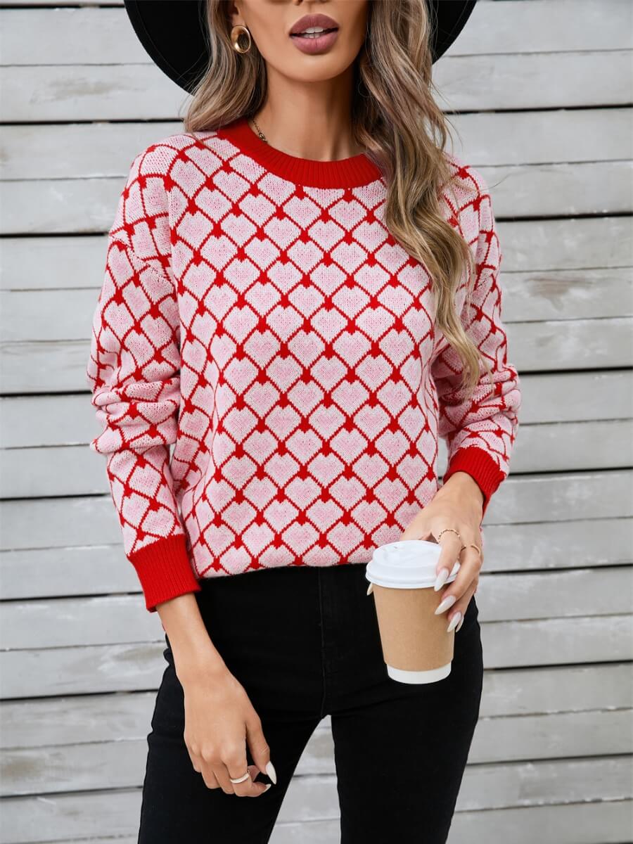 Lots to Love Check Heart Sweater - Red