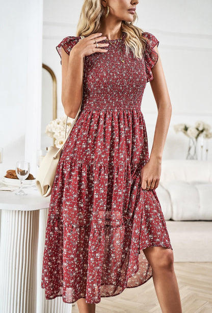 Always Falling Tiered Midi Dress - Red