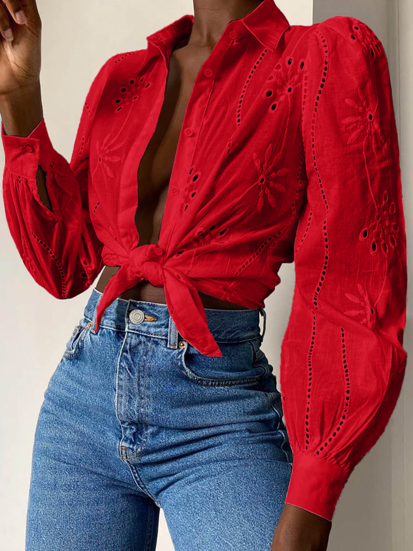 Miley Perforated Long Sleeve Blouse - Red