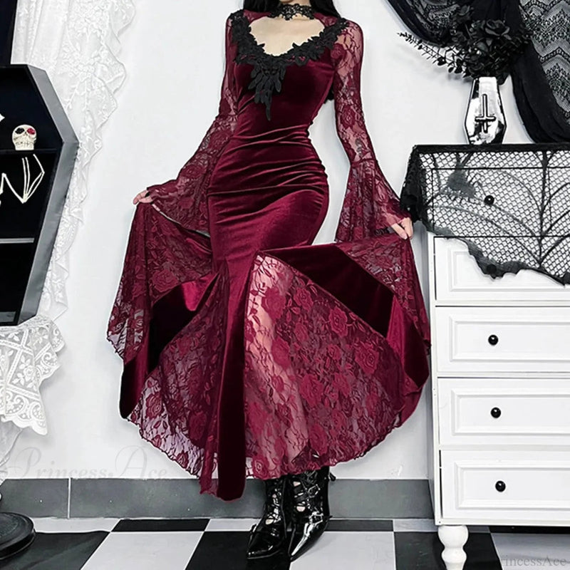 Mesh Velvet Hollow Out Long Dress