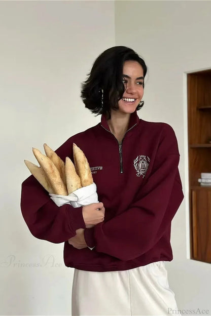 Relaxed Fleece-lined Half-zip Stand Collar Convertible Sweatshirts