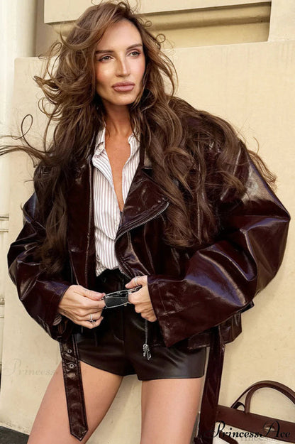Retro Burgundy Leather Jacket Coat