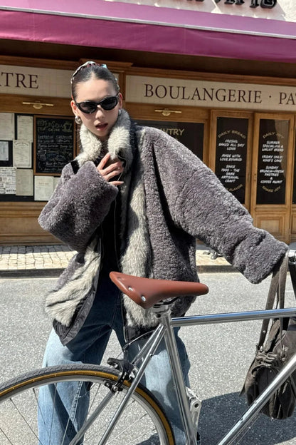 Reversible Patchwork Color Block Fleece Coat