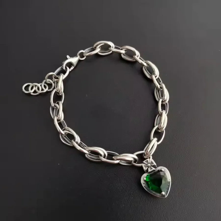 Green Crystal Gemstone Silver Charm Bracelet